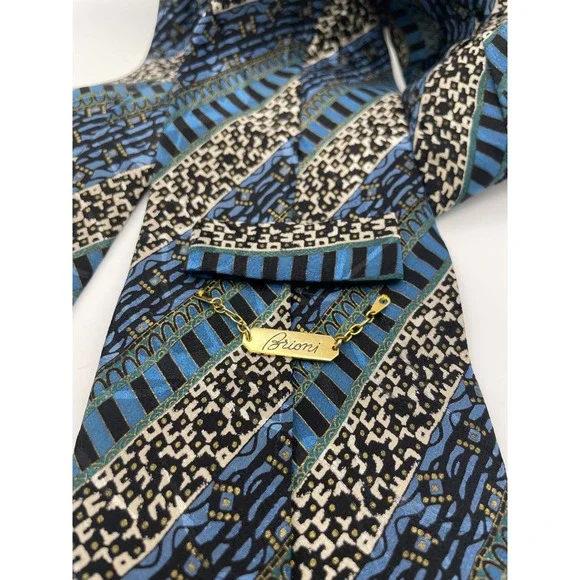 Brioni Silk Tie Blue Black Geometric Abstract Pattern Men's Necktie